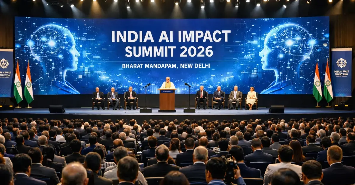 Wide-angle view of the India AI Impact Summit 2026 opening ceremony at Bharat Mandapam in New Delhi, showing a packed convention hall with world leaders on stage, large LED screens displaying the summit logo, and rows of seated delegates.