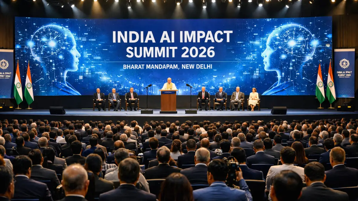 Wide-angle view of the India AI Impact Summit 2026 opening ceremony at Bharat Mandapam in New Delhi, showing a packed convention hall with world leaders on stage, large LED screens displaying the summit logo, and rows of seated delegates.