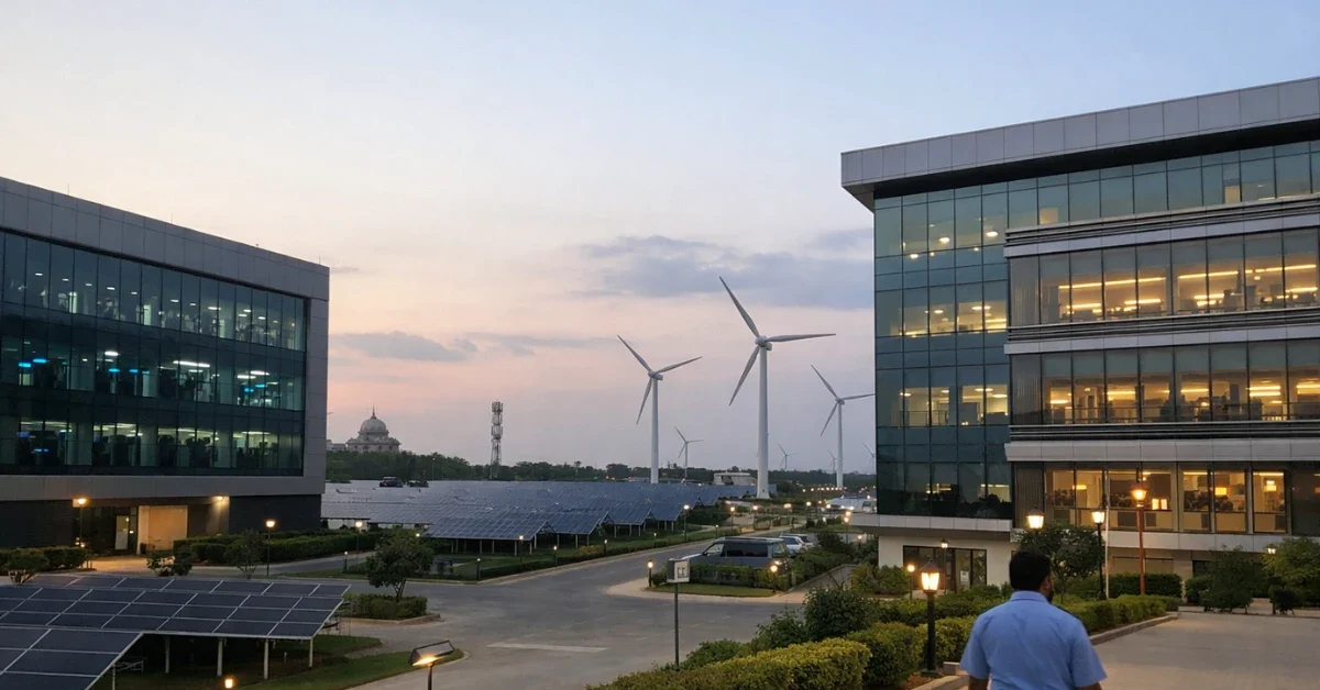 Modern futuristic AI data center complex in India powered by renewable energy sources at twilight.