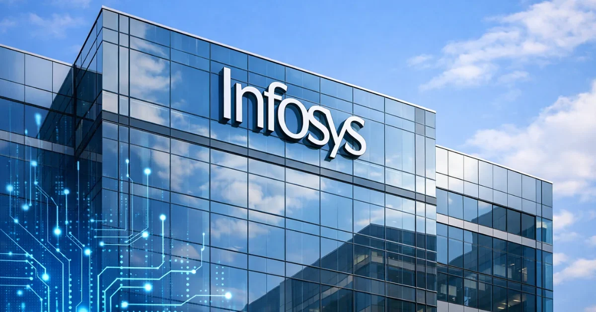 Modern Infosys corporate office building with a subtle digital AI data overlay representing technological integration.