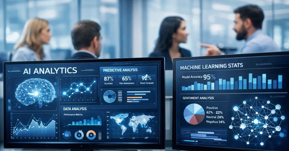 Modern corporate technology office with professionals working on AI analytics dashboards and digital screens in a contemporary workspace