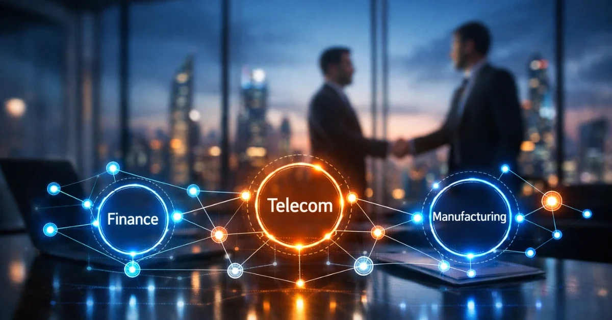 A modern corporate boardroom featuring a futuristic holographic display highlighting finance, telecom, and manufacturing sectors, representing the Infosys and Anthropic enterprise AI partnership.