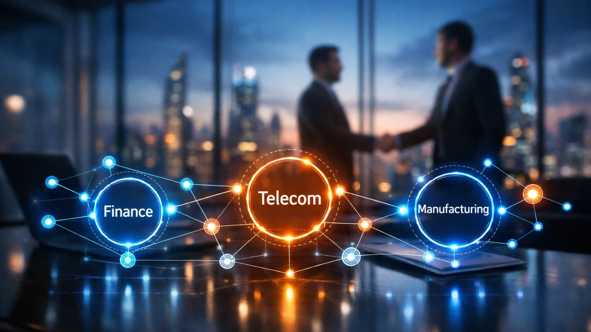 A modern corporate boardroom featuring a futuristic holographic display highlighting finance, telecom, and manufacturing sectors, representing the Infosys and Anthropic enterprise AI partnership.