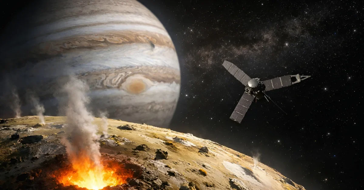 Illustration of NASA’s Juno spacecraft observing a large bright volcanic hotspot near the south pole of Jupiter’s moon Io from space.