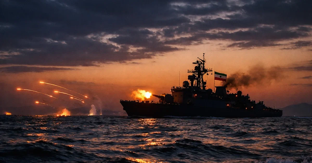 Iranian naval vessel conducting live-fire drills in the Strait of Hormuz at twilight during heightened tensions with the US.
