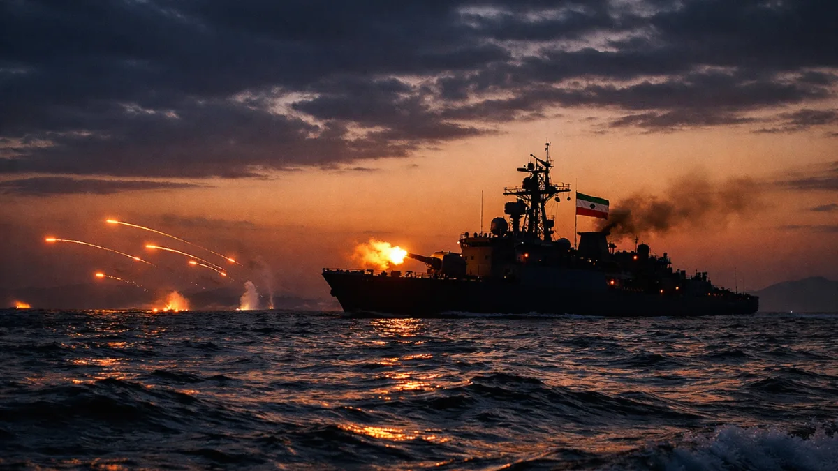 Iranian naval vessel conducting live-fire drills in the Strait of Hormuz at twilight during heightened tensions with the US.