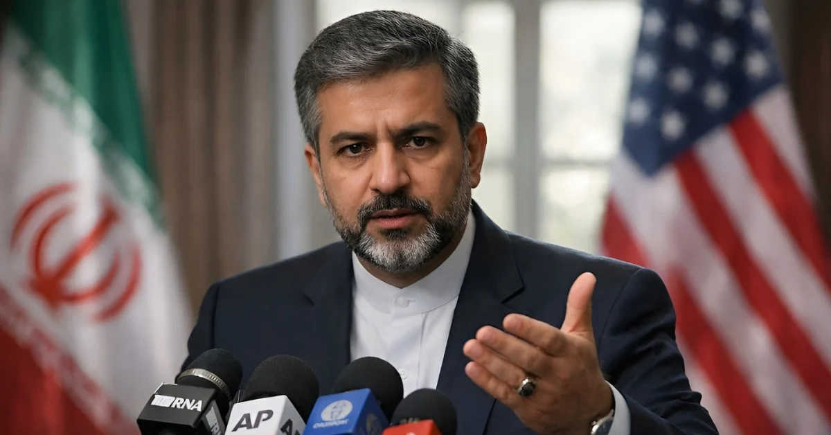 Iranian official announces US diplomacy updates at press conference with flags visible.