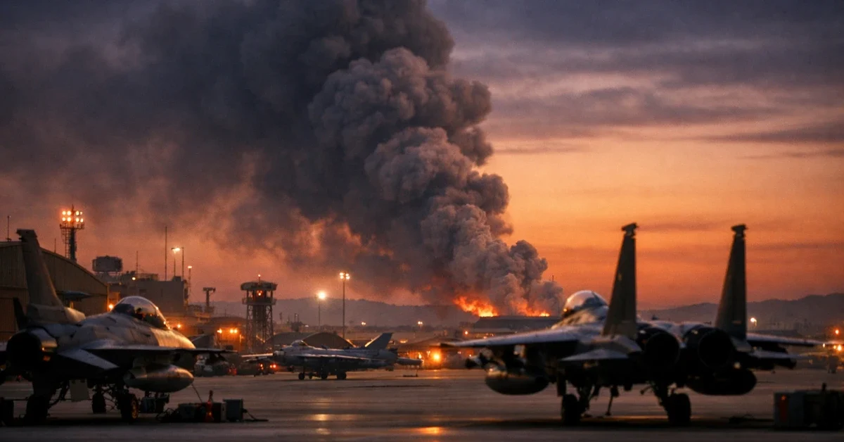 A wide shot of a Middle Eastern military air base at dusk with gray smoke rising in the background.