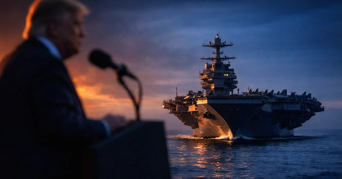A silhouette of U.S. President Donald Trump with a U.S. Navy aircraft carrier navigating the ocean at dusk, representing the military tensions surrounding the Iran nuclear deal.
