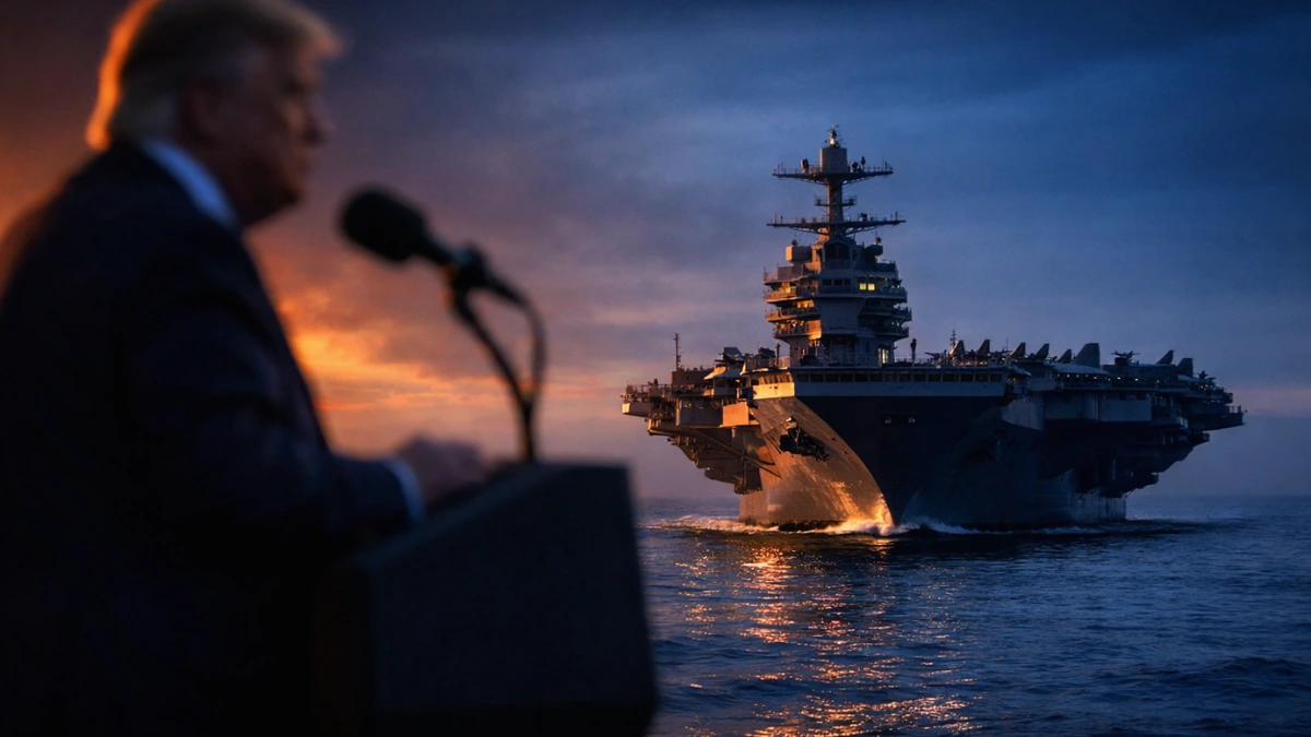 A silhouette of U.S. President Donald Trump with a U.S. Navy aircraft carrier navigating the ocean at dusk, representing the military tensions surrounding the Iran nuclear deal.