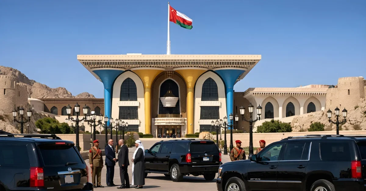 The Al Alam Palace in Muscat, Oman, serving as the venue for diplomatic negotiations, with official vehicles parked in front.