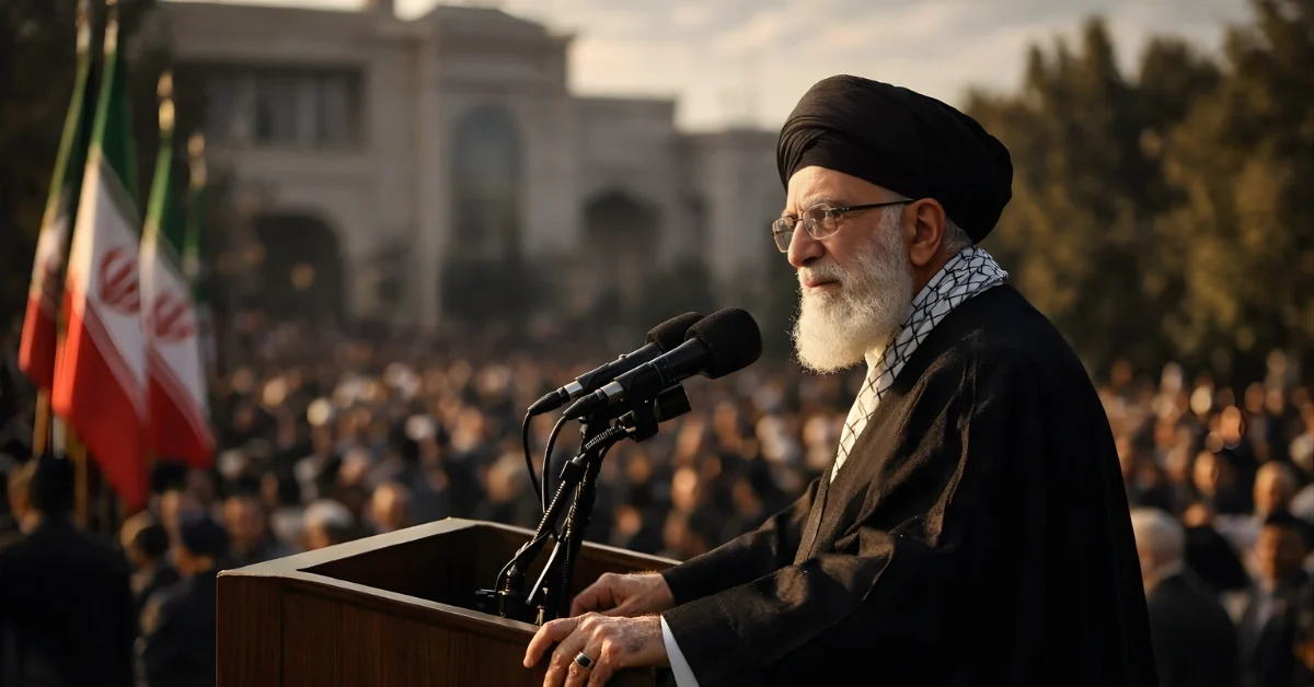 Iranian Supreme Leader Ayatollah Ali Khamenei speaking at a podium during a public address in Tehran, with Iranian flags and a crowd visible in the background.