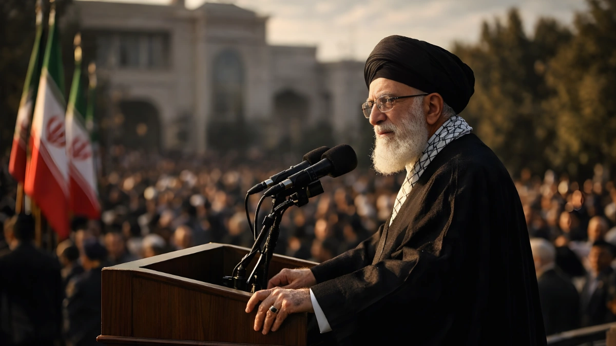 Iranian Supreme Leader Ayatollah Ali Khamenei speaking at a podium during a public address in Tehran, with Iranian flags and a crowd visible in the background.