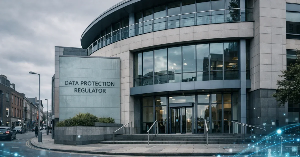 Exterior of a modern office building in Dublin with a subtle data protection regulator setting and an abstract digital overlay suggesting AI investigation.