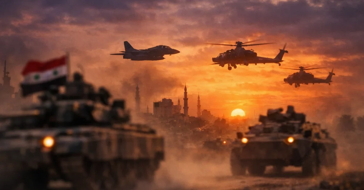 Syrian military vehicles travel under a dramatic sunset with aircraft silhouettes, representing escalating Middle East tensions.