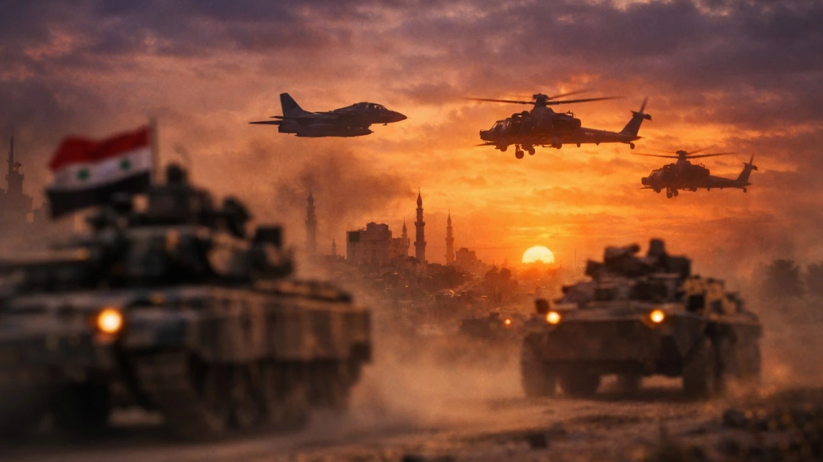 Syrian military vehicles travel under a dramatic sunset with aircraft silhouettes, representing escalating Middle East tensions.