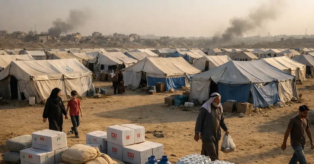 A wide view of a displaced persons tent camp in Gaza with weathered tents on sandy ground and smoke visible in the distance under a hazy sky.