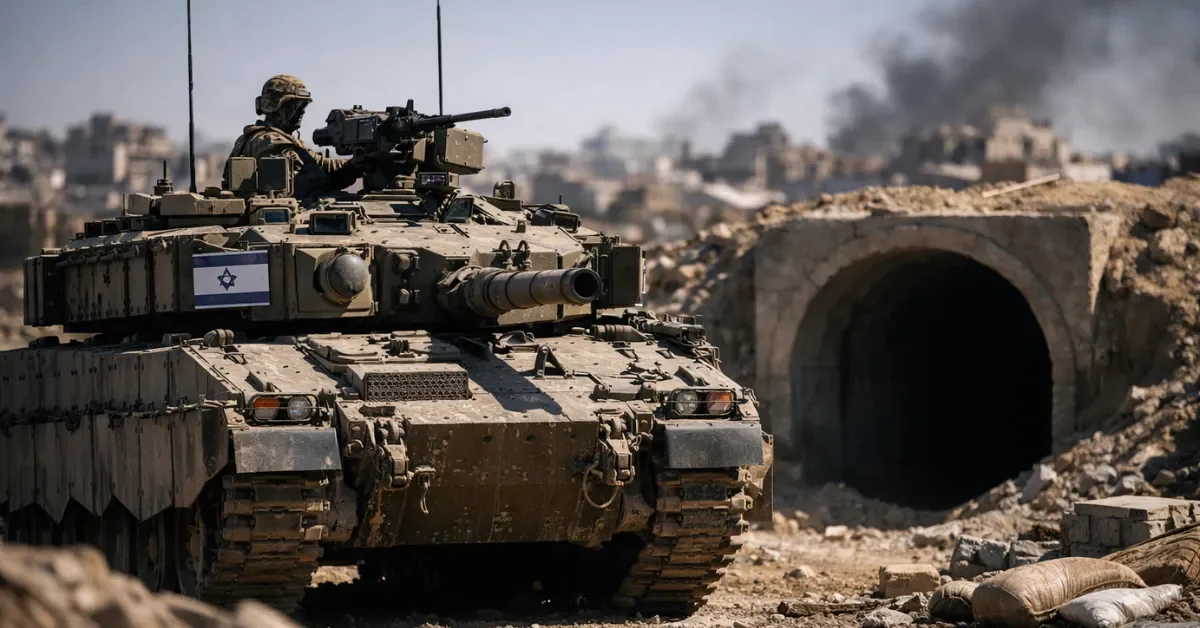 An Israeli military vehicle stands guard near a tunnel opening in the sandy terrain of eastern Rafah during a high-tension security operation.