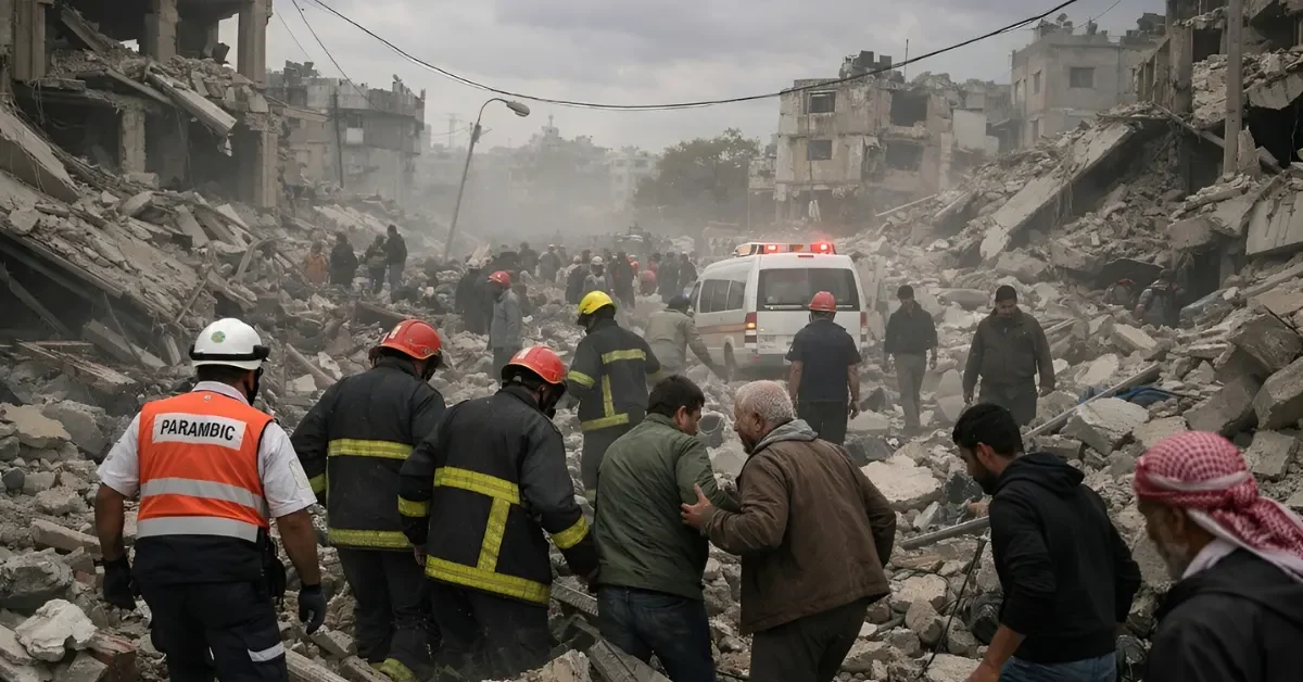 A street in Khan Younis, Gaza, filled with rubble and dust after an Israeli airstrike, with emergency responders working in the background under a cloudy sky.