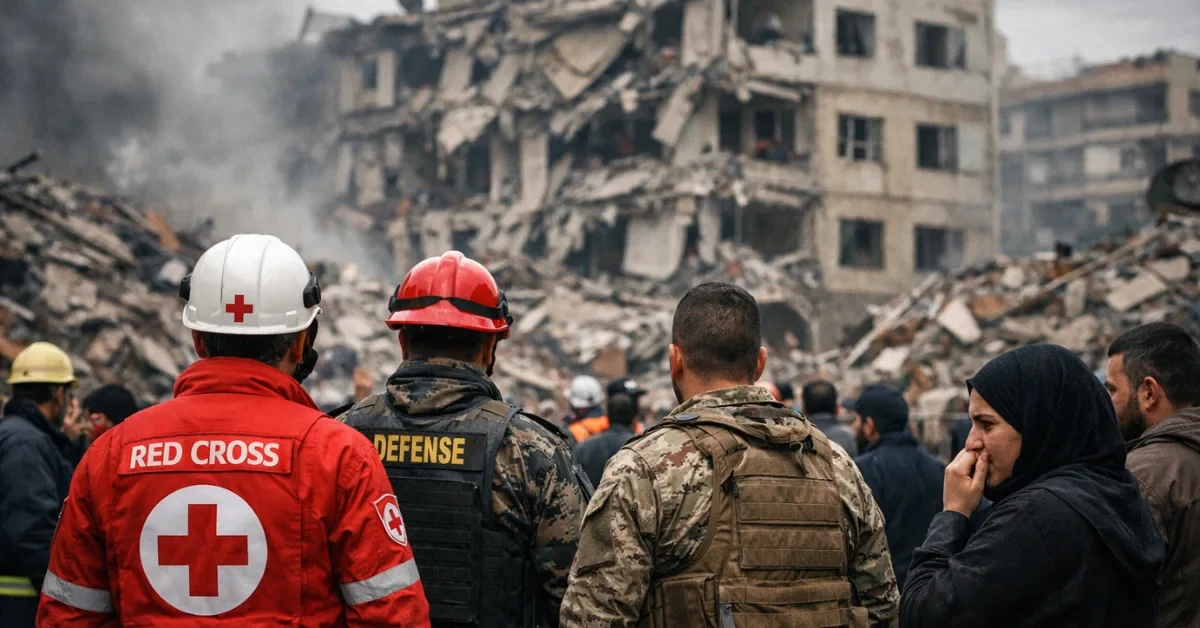 Emergency responders and civilians assess the severe damage at a destroyed apartment building in Lebanon following recent airstrikes.
