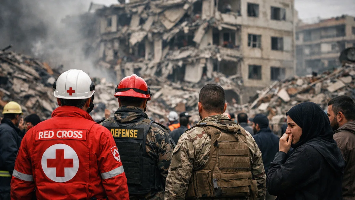 Emergency responders and civilians assess the severe damage at a destroyed apartment building in Lebanon following recent airstrikes.