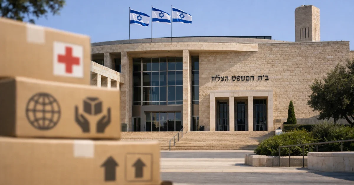The exterior of the Israeli Supreme Court building with humanitarian aid boxes blurred in the foreground.