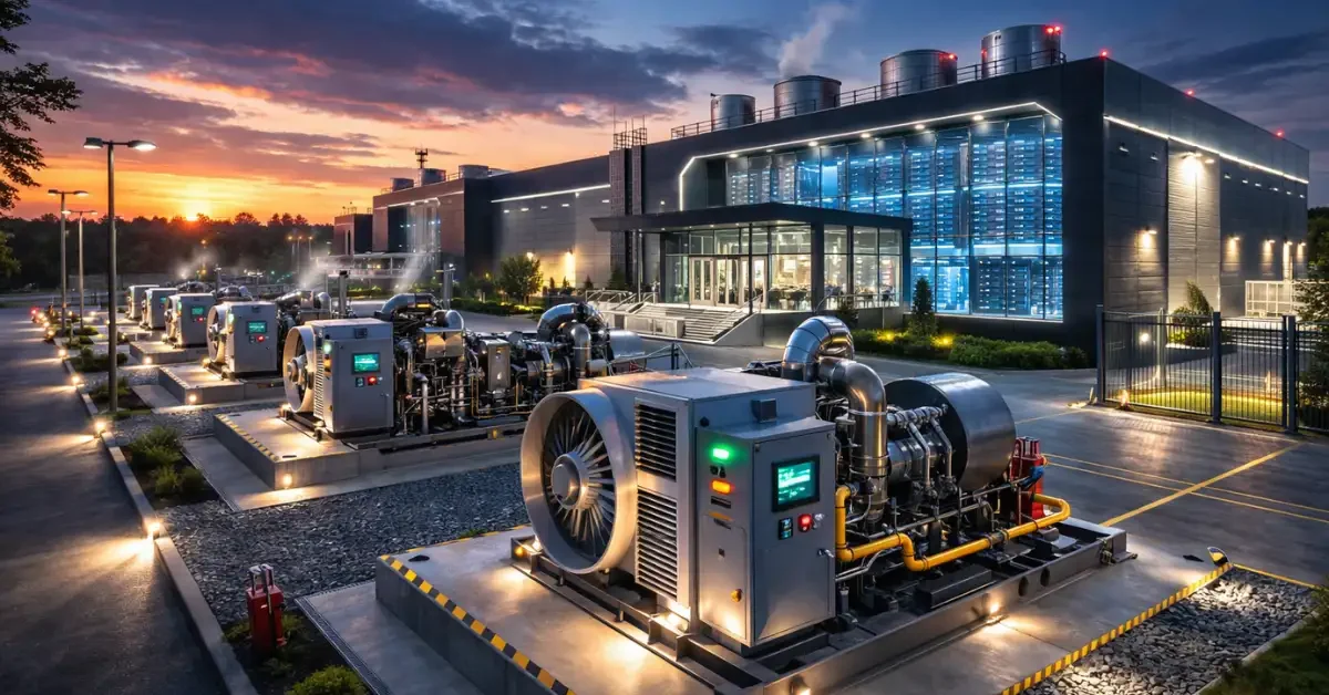 A row of industrial gas turbine generators installed outside a modern data center at twilight, illustrating the use of jet engine technology for on-site power generation.