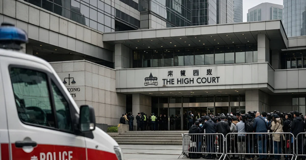 Exterior view of a Hong Kong courthouse with reporters gathered outside and a police van in the foreground, representing the high-profile sentencing of Jimmy Lai.
