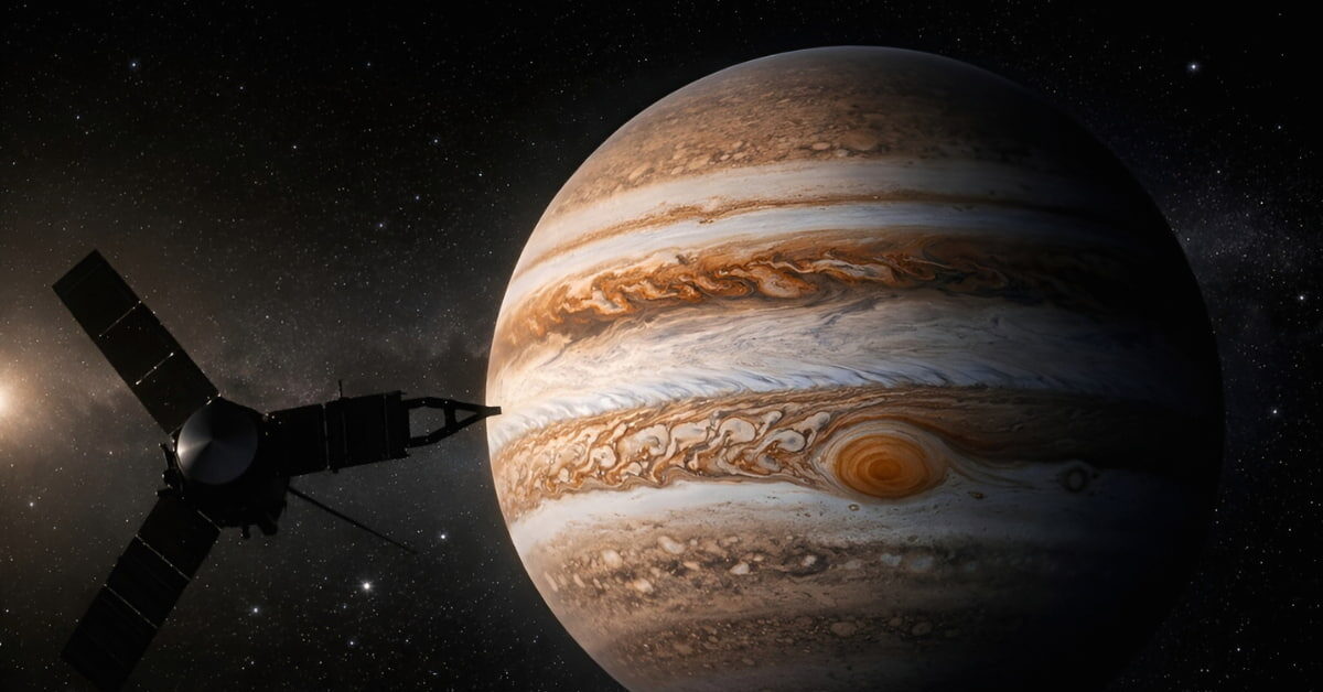 The planet Jupiter floating in space with the Juno spacecraft orbiting nearby, illustrating new findings about the planet's size and shape.