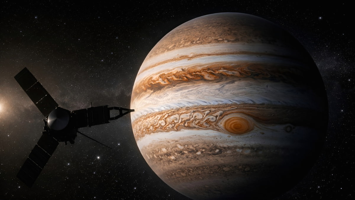 The planet Jupiter floating in space with the Juno spacecraft orbiting nearby, illustrating new findings about the planet's size and shape.