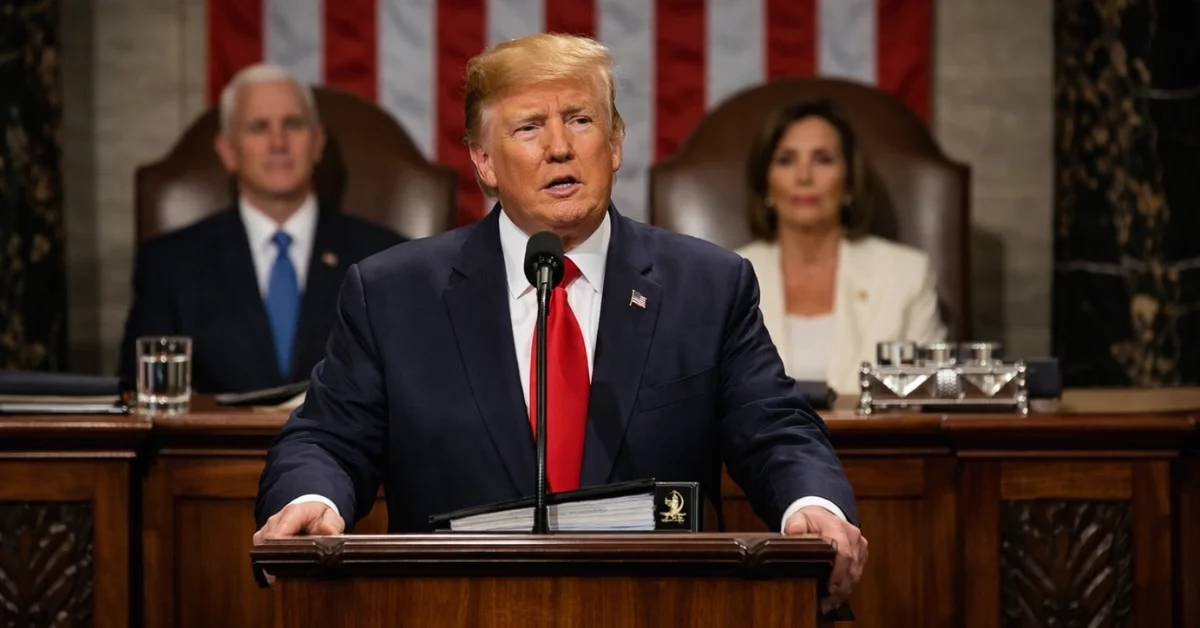 President Donald Trump speaking at the podium during the 2026 State of the Union address in the United States Capitol.