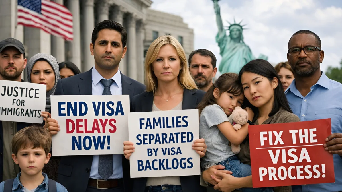 Families and professionals protest outside New York federal courthouse against Trump administration's 75-country green card freeze.