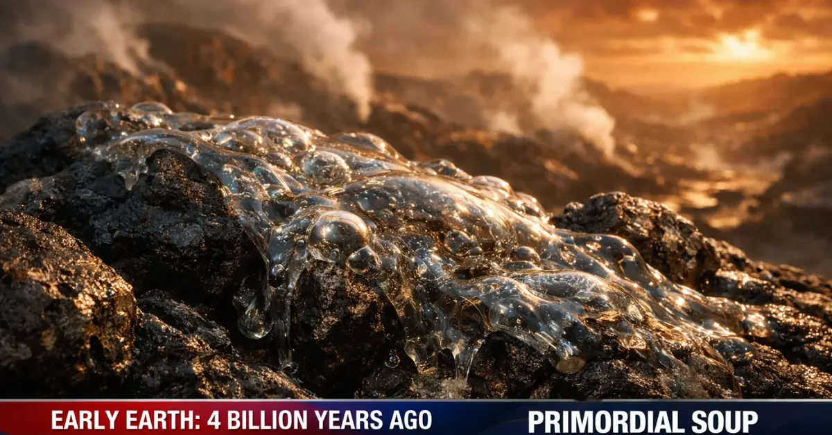 Hyper-realistic depiction of translucent prebiotic gels clinging to dark volcanic rocks on the ancient Earth's surface during the origin of life.