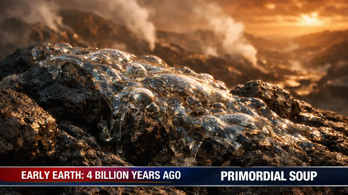 Hyper-realistic depiction of translucent prebiotic gels clinging to dark volcanic rocks on the ancient Earth's surface during the origin of life.