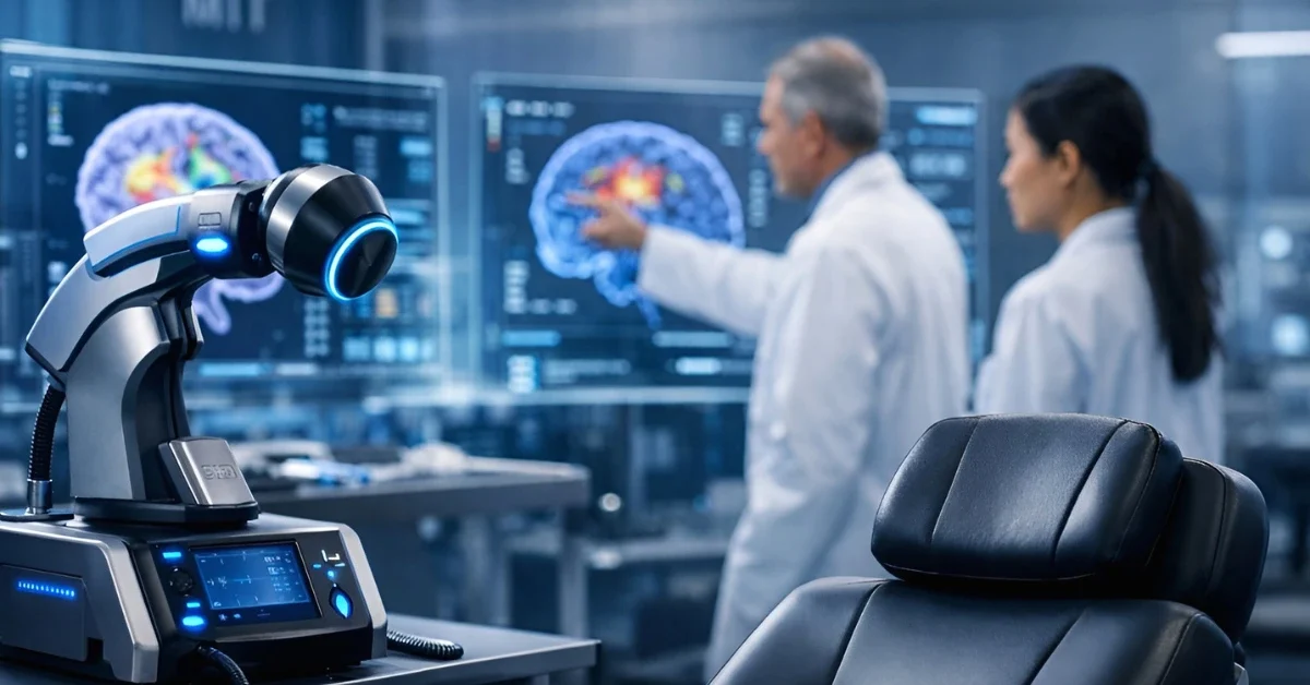 A high-tech transcranial focused ultrasound device in a modern neuroscience laboratory at MIT, with researchers analyzing brain data in the background.