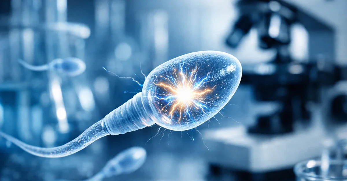 A stylized 3D rendering of a sperm cell glowing with energy in a high-tech laboratory setting, representing the discovery of the molecular switch for male birth control.