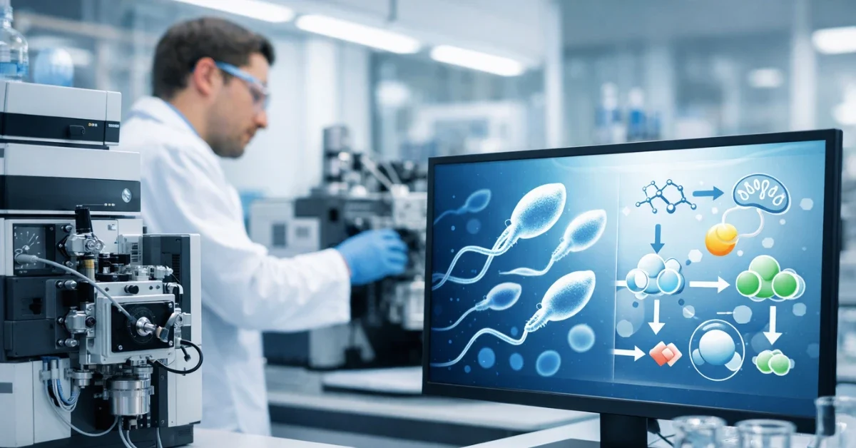 A scientist in a biomedical laboratory stands near an advanced analytical instrument while a monitor displays a sperm and metabolism-themed scientific visualization.