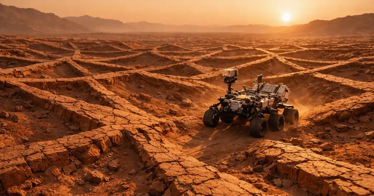 A 3D realistic rendering of NASA's Curiosity rover navigating crisscrossing geological ridge formations known as Martian spiderwebs on the dusty, red surface of Mars.