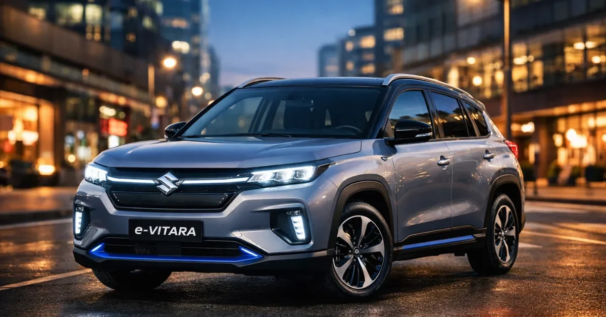 The new Maruti Suzuki e-Vitara electric SUV parked on a modern city street at twilight, showcasing its sleek design and LED headlights.