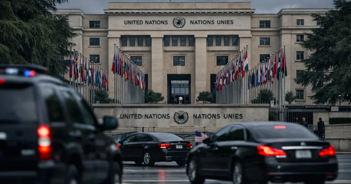 The exterior of the United Nations Office in Geneva under cloudy skies with a diplomatic motorcade arriving for peace talks.