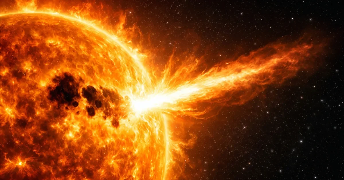 A massive X8.1 solar flare erupting from a dark sunspot region on the sun's surface, sending a bright burst of energy into space.