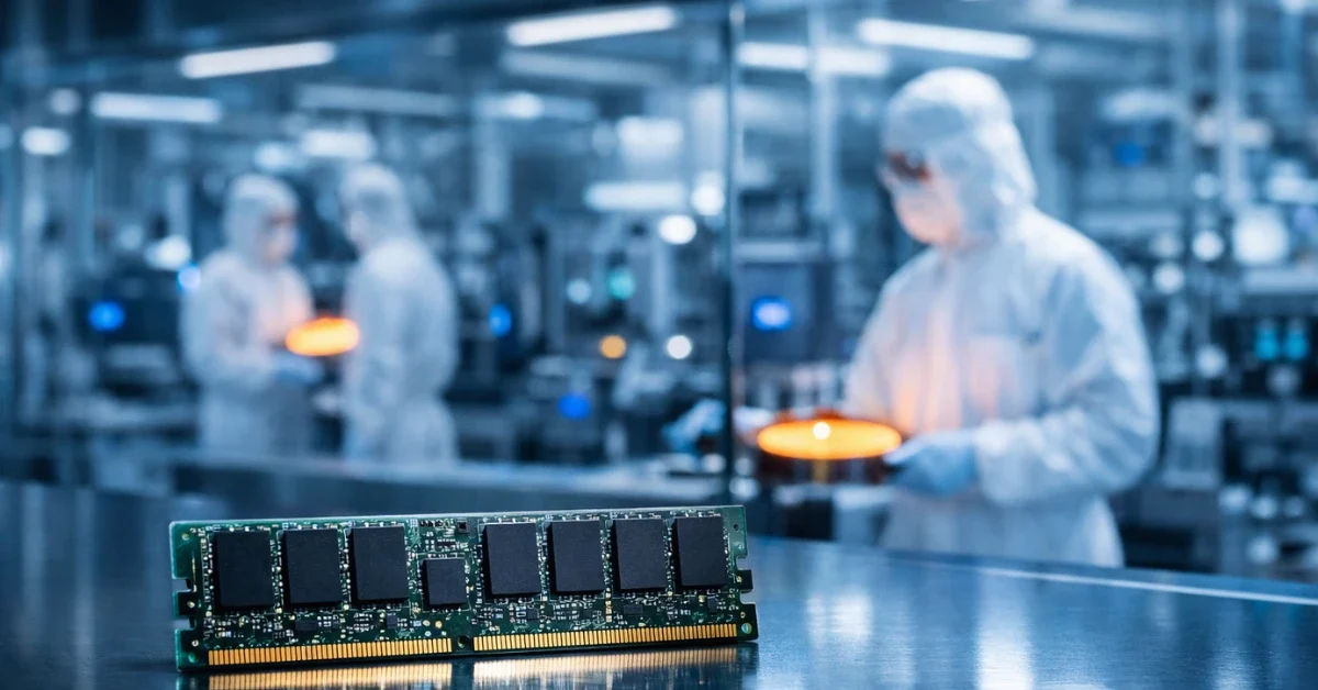 A high-tech semiconductor cleanroom showing a detailed memory chip in the foreground with technicians inspecting silicon wafers in the background under blue clinical lighting.