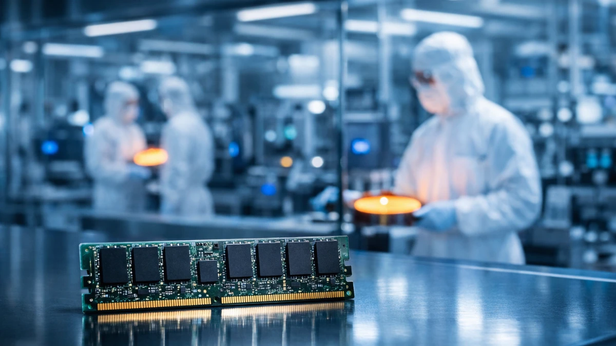 A high-tech semiconductor cleanroom showing a detailed memory chip in the foreground with technicians inspecting silicon wafers in the background under blue clinical lighting.