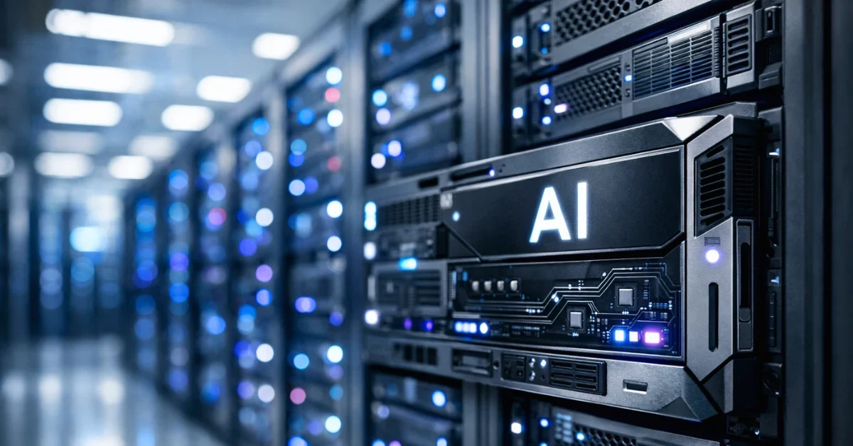 Rows of illuminated, modern server racks in a high-tech artificial intelligence data center.