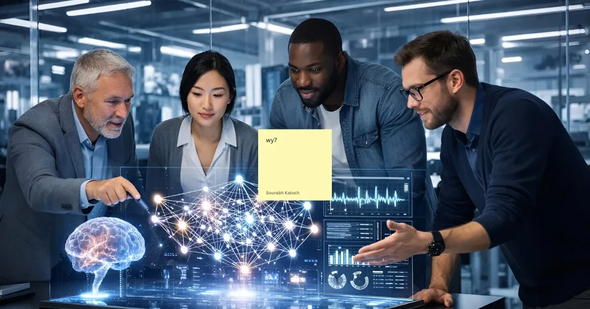 Researchers collaborating in a modern high-tech artificial intelligence laboratory in Silicon Valley.