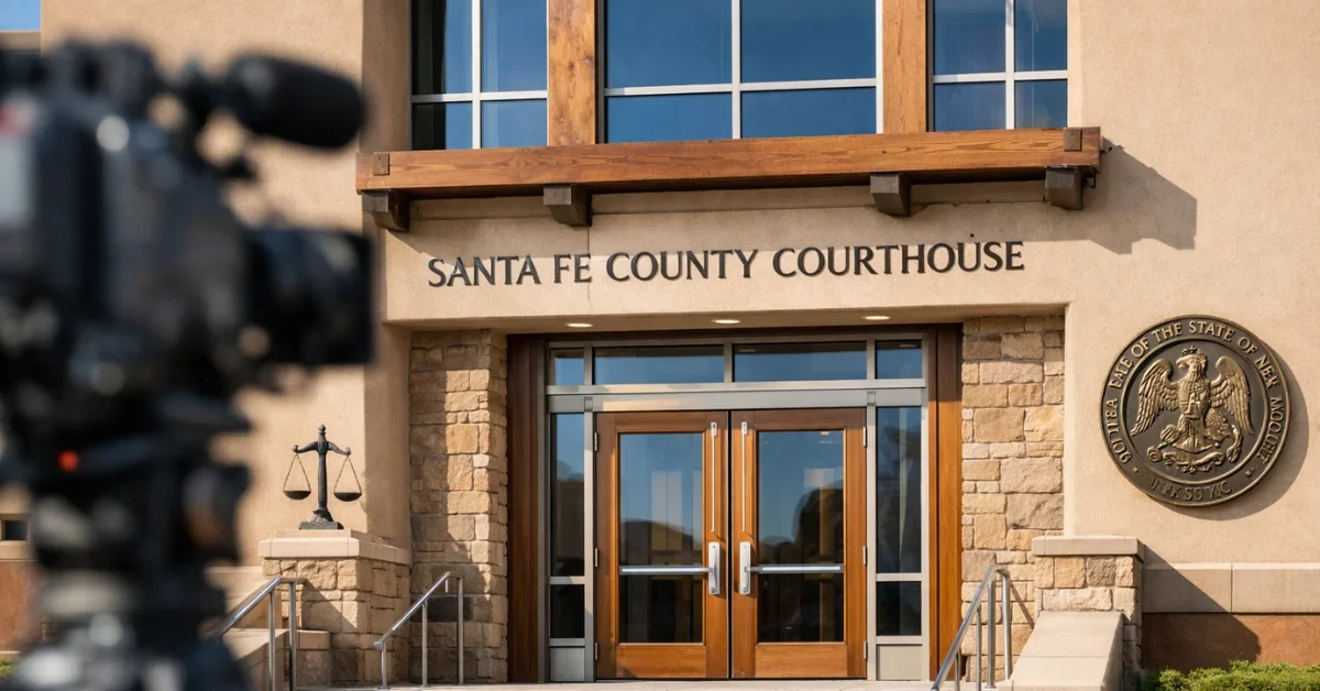 A professional news camera positioned in front of a courthouse in Santa Fe, New Mexico, symbolizing the start of the Meta child safety trial.