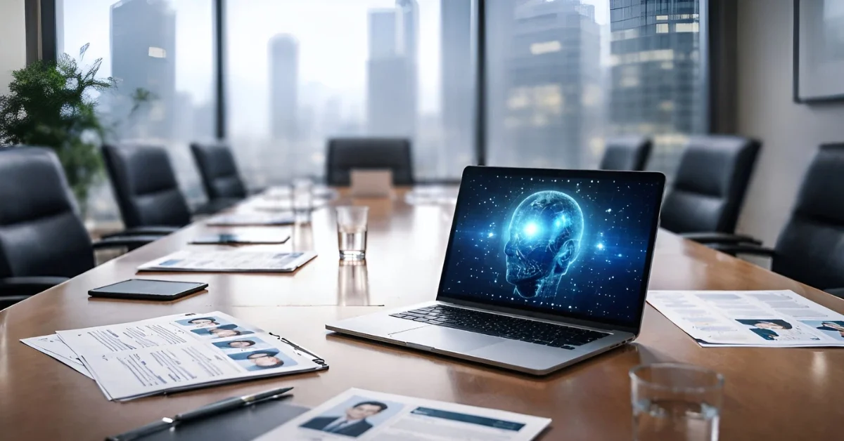 A modern conference room with laptops and papers on a table, with a city skyline visible through glass windows.