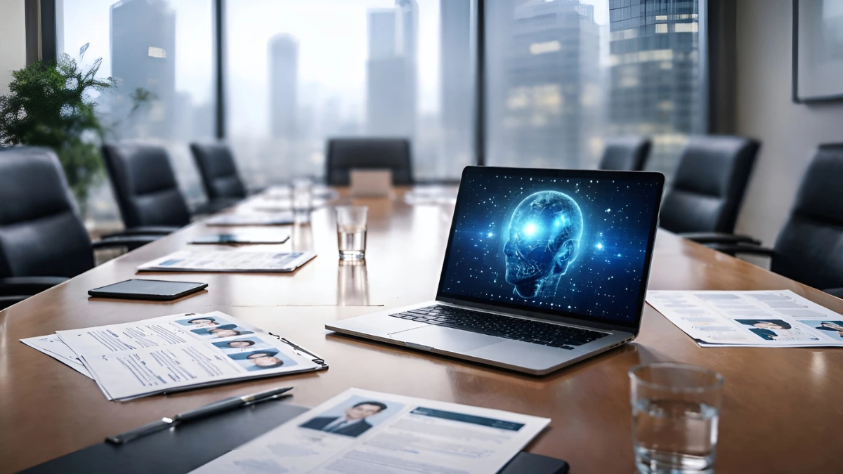 A modern conference room with laptops and papers on a table, with a city skyline visible through glass windows.