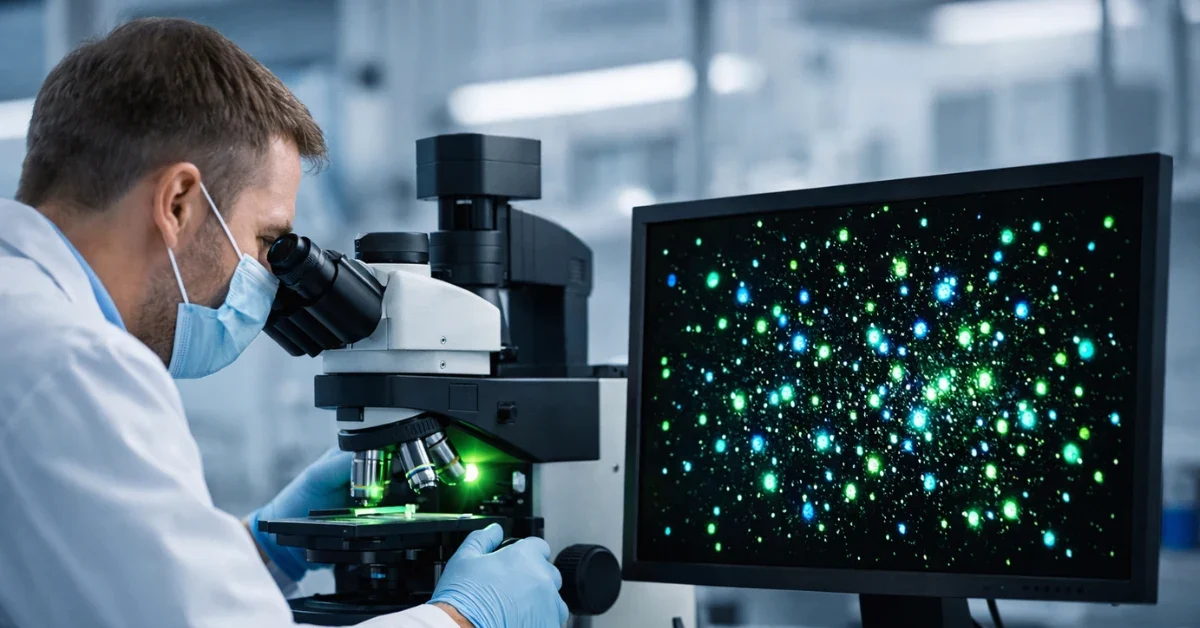 Scientist in a laboratory using a fluorescence microscope while a screen shows glowing particles in a sample.