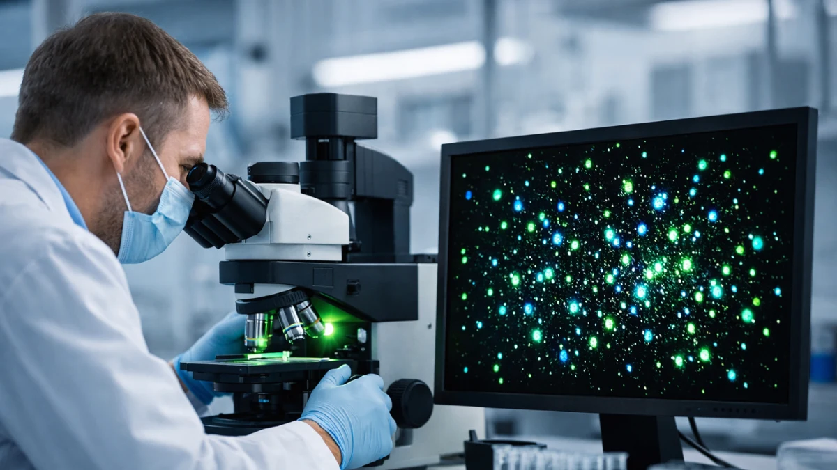 Scientist in a laboratory using a fluorescence microscope while a screen shows glowing particles in a sample.